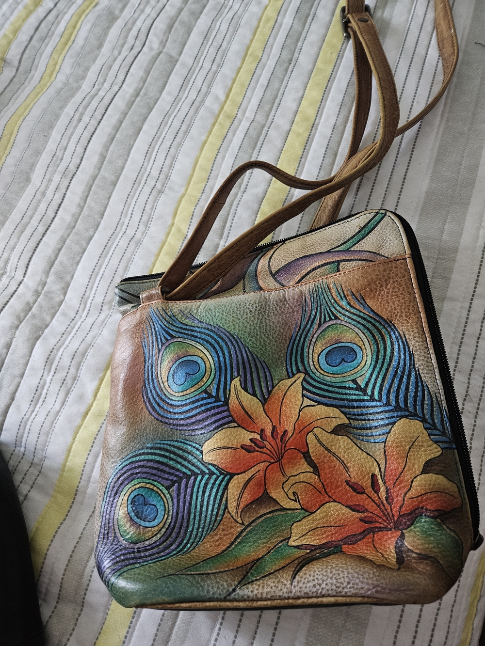 Anuschka Hand-Painted Peacock Feather Leather Crossbody in Teal, Blue, Purple - Picture 3 of 13